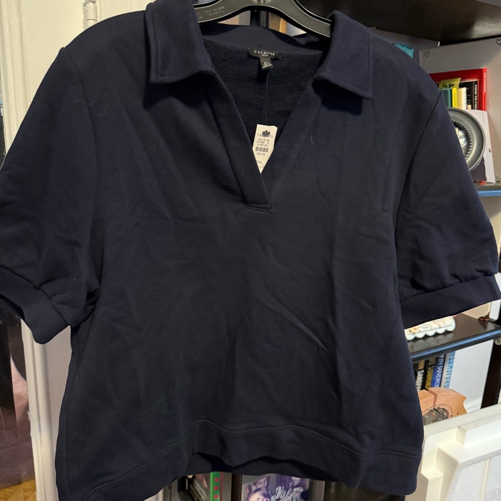 Talbots Navy Knit Cardigan polo style. Light sweatshirt weight